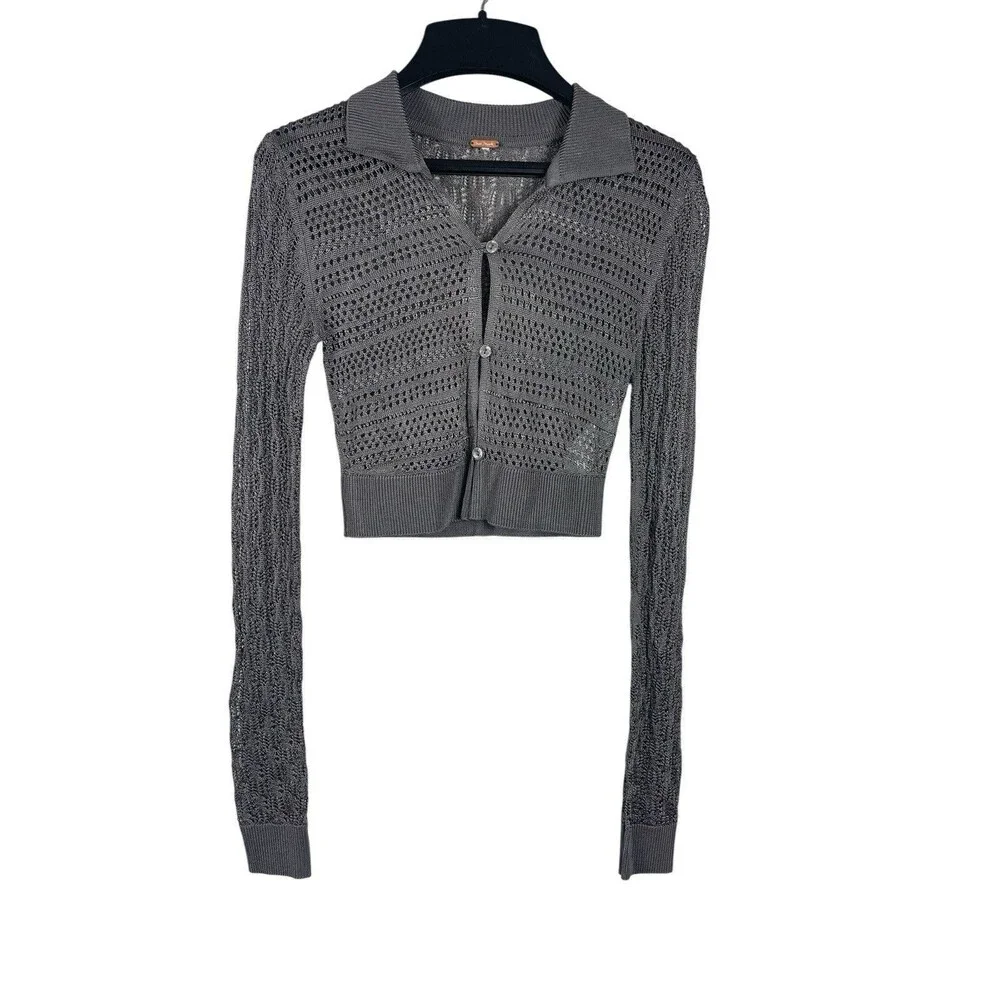 Free People Dark Gray Open Knit Button Front Long Sleeve Cropped Cardigan XS